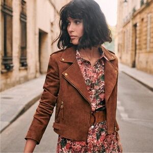 Sezane Zig Leather Moto Jacket in Camel Suede Size 36 US 4